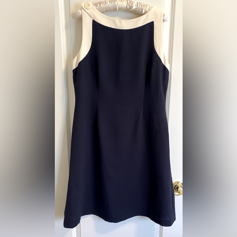 AMANDA SMITH Petite Dresses, women sz 14P petite, Navy Blue & Cream, sleeveless
